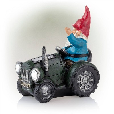 10" Green Polyresin Solar Gnome on Tractor with LED Lights
