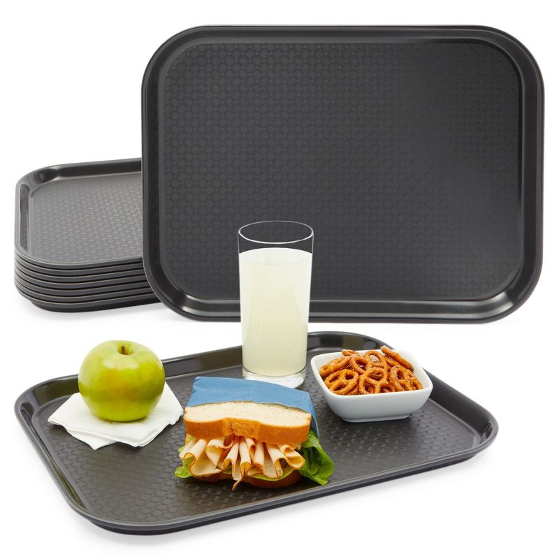 Okuna Outpost 8 Pack Plastic Cafeteria Serving Tray for Restaurant, Black, 16" x 12", 1 of 9