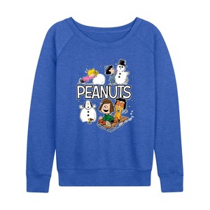 Women's - Peanuts - Winter Stickers Lightweight French Terry Wide Neck Long Sleeve Graphic Shirt - 1 of 4