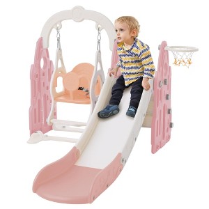 4 In 1 Toddler Slide Swing Set, Indoor Outdoor Playground Equipment, Freestanding Playset, with Basketball Hoop, for Playground - 1 of 4