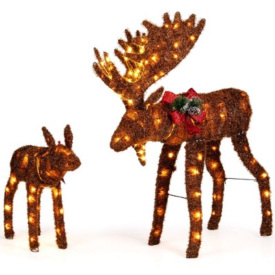 Tangkula 2-Piece Lighted Christmas Moose Family Set Light-Up Reindeers with 170 Warm White LED Lights Stakes & Zip Ties Included