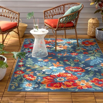 Hibiscus Bloom Blue Red Beige Floral Indoor Outdoor Area Rug