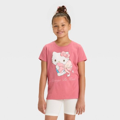 Girls' Hello Kitty Glitter Bow Short Sleeve Graphic T-Shirt - Light Red