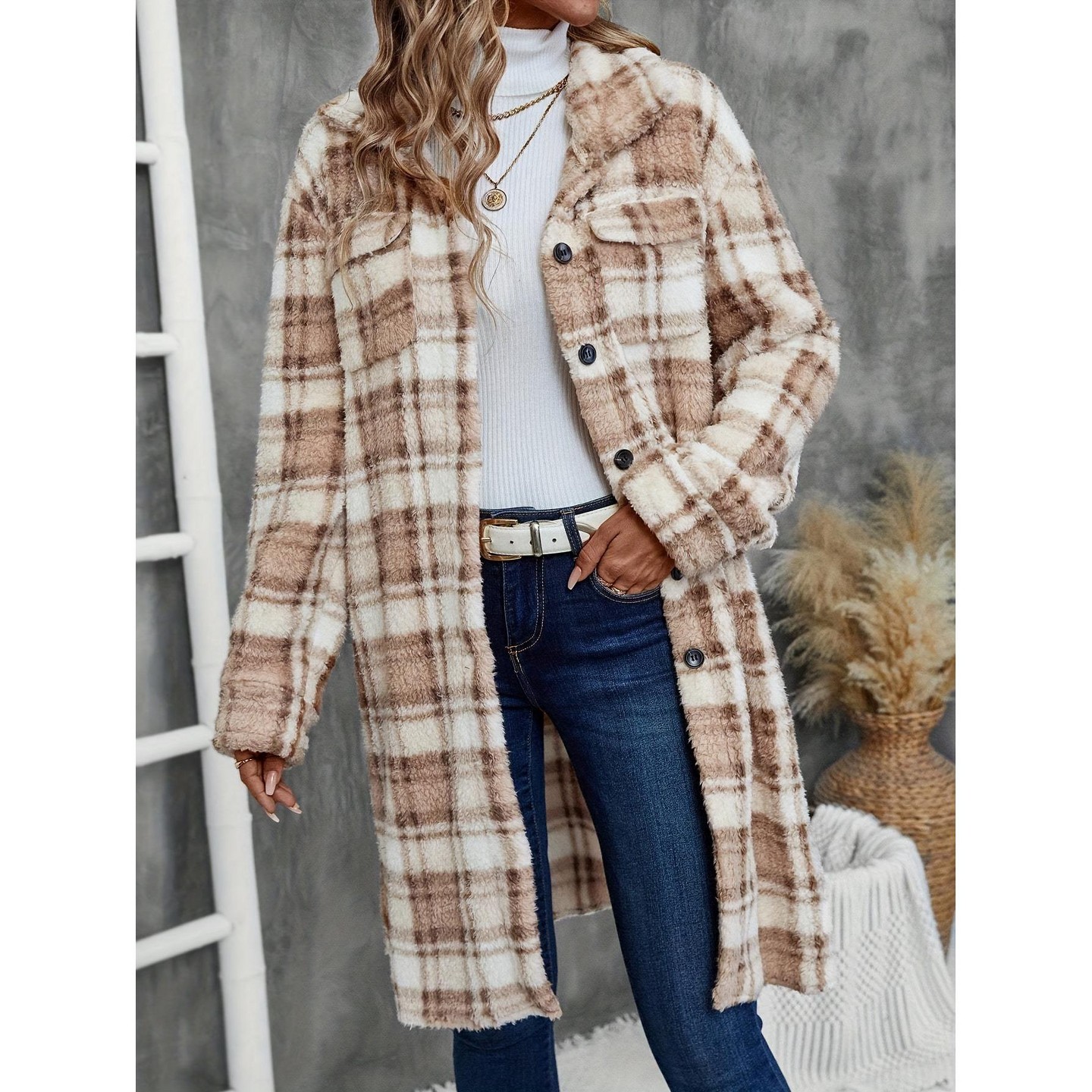 Женские кардиганы YesFashion Plaid Long Plush Button Down Cardigan Coat Fall Casual Collared Pockets Open Front Jacket Outerwear Camel — фото 3