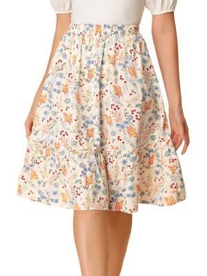 INSPIRE CHIC Women's Ruffle Hem Elastic Waist Flowy A-Line Swing Floral Midi Skirt