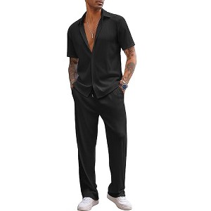 COOFANDY Men's 2 Piece Outfit Casual Short Sleeve Button Down Shirt Beach Summer Loose Pant Sets - 1 of 4