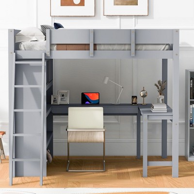 NicBex Full Size Loft Bed with Desk Pine Bed Frame with Shelves, Inclined Ladder and Full Length Guardrail, No Box Spring Required