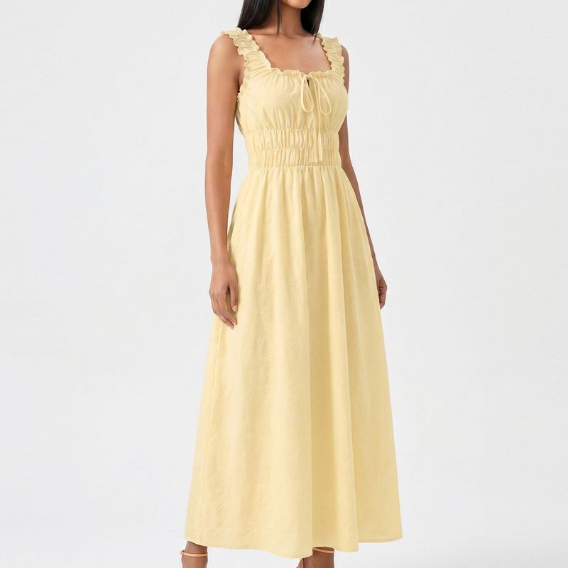 Anna-Kaci Women's Smocked Maxi Dress with Ruffle Straps and Tie Front Neckline - Small, Yellow