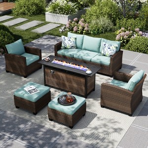 Captiva Designs 6pc Outdoor Patio Wicker Rattan Fire Pit Set with Cushioned Ottomans and Armchairs - 1 of 4