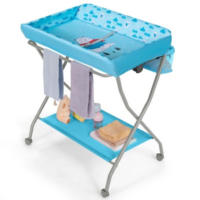 Image of Costway Baby Changing Table Folding Diaper Changing Station w/ Safety Belt & Wheels Blue