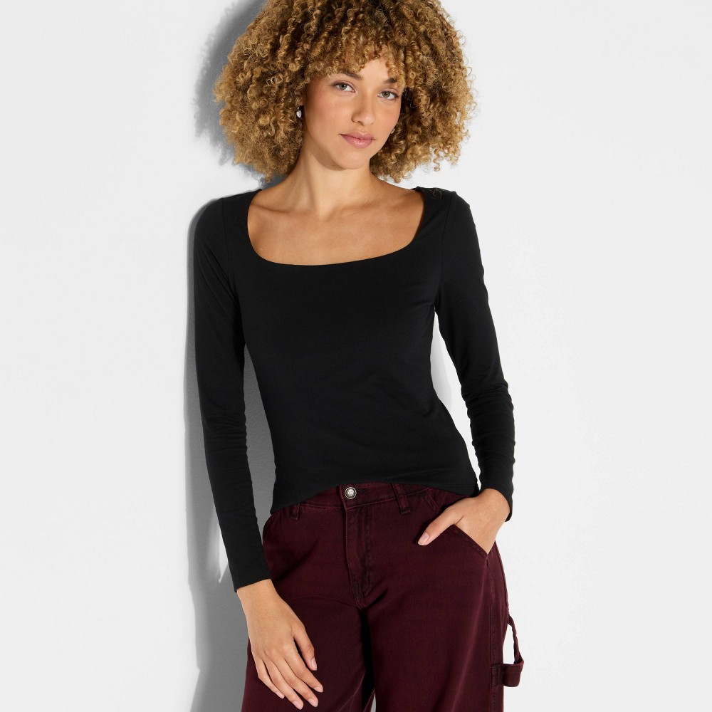 Women's Long Sleeve Square Neck T-Shirt - Wild Fable™ Black XL