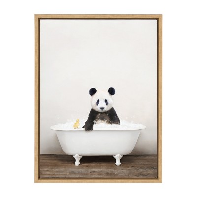 Natural Framed Canvas Print of Panda in Bathtub