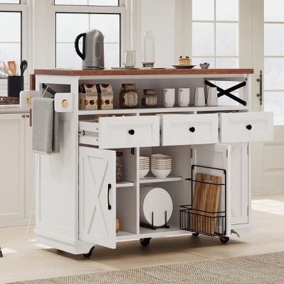 Kitchen Carts and Islands with Power Outlet and Drop Leaf, Rolling Storage Cart with Bead Accents, 3 Drawers and 3 Doors for Home-The Pop Home