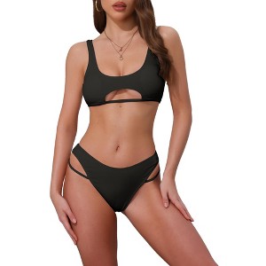 INSPIRE CHIC Women's Cutout Racerback Ribbed Bikini Sets, Scoop Neck Top Triangle Bottom Swimwear Bathing Suits 1 Set - 1 of 4