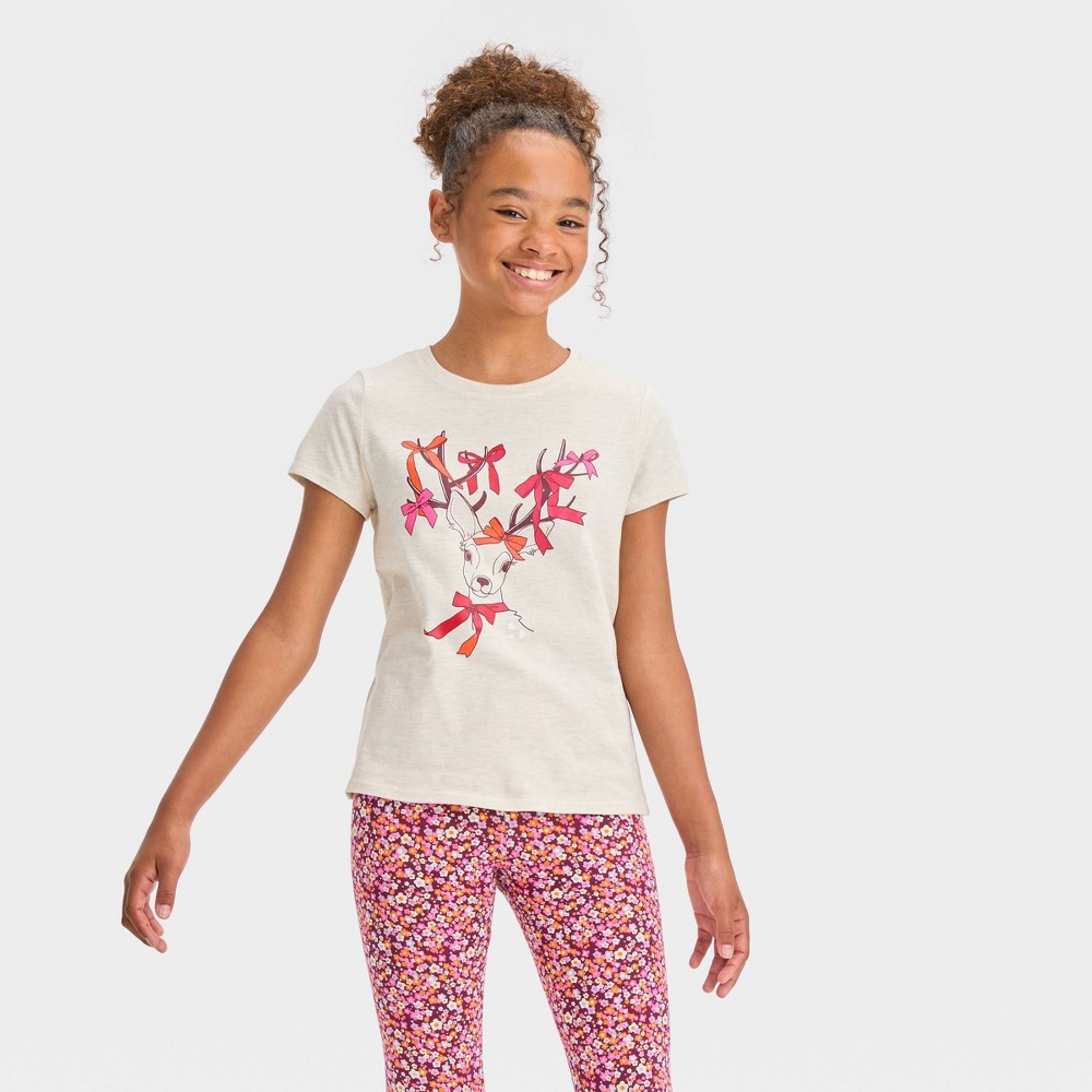 Girls' Short Sleeve 'Deer' Graphic T-Shirt - Cat & Jack™ Beige Sizes ((3 XS -6 S -8 M -6 L - 3 XL )) Kid’s 