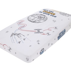 NoJo Star Wars May the Force Be With You White, Blue, and Gold Millennium Falcon and Death Star Photo Op Nursery Fitted Crib Sheet - 1 of 4