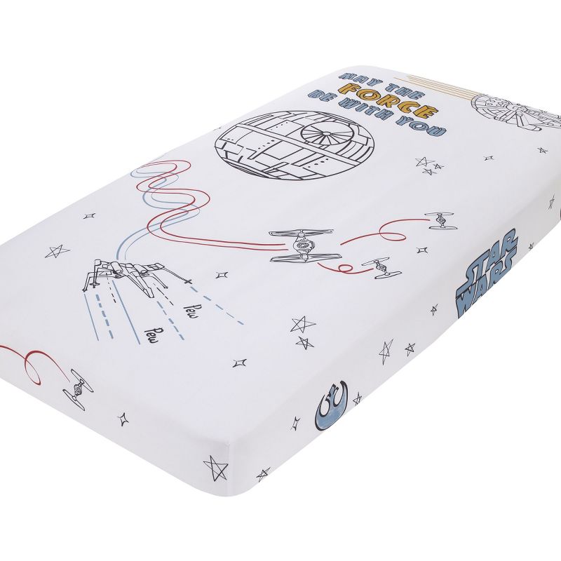 Star Wars May the Force Be With You White, Blue, and Gold Millennium Falcon and Death Star Photo Op Nursery Fitted Crib Sheet, 1 of 6