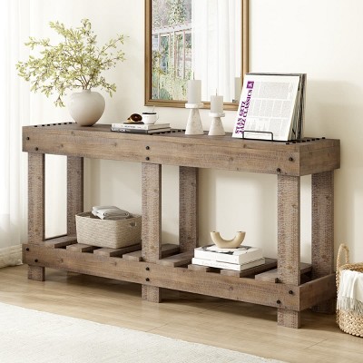 63" Rustic Console Table for Entryway, Fir Grain Finish with Storage Shelf, Vintage Hallway Table with Metal Rivet Accents-The Pop Home