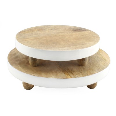 AuldHome Design Farmhouse Round Wooden Risers 2pc Set, Rustic Decorative Risers for Display w/ Wood and Enamel