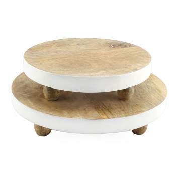 AuldHome Design Farmhouse Round Wooden Risers 2pc Set, Rustic Decorative Risers for Display w/ Wood and Enamel