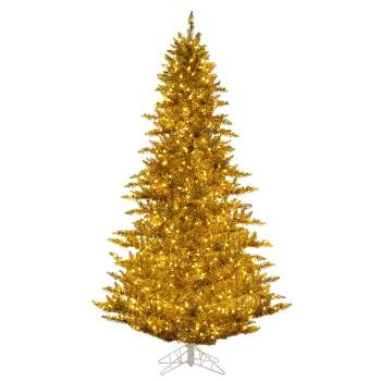 Vickerman 9' x 64" Gold Tinsel Artificial Pre-Lit Christmas Tree with White LED Lights and Tree Stand