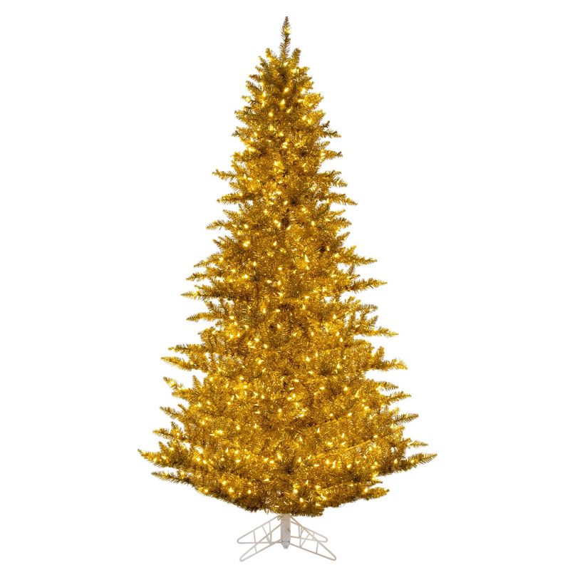 Vickerman 9' x 64" Gold Tinsel Artificial Pre-Lit Christmas Tree with White LED Lights and Tree Stand, 1 of 2