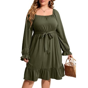 WhizMax Women's plus size Dress Casual Square Neck Dress Puff Long Sleeve Dresses High Waist Ruffle Midi Dress with Belt - 1 of 4