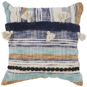 HomeRoots 18" Blue and Beige Throw Pillow with Tassels - 1 of 4