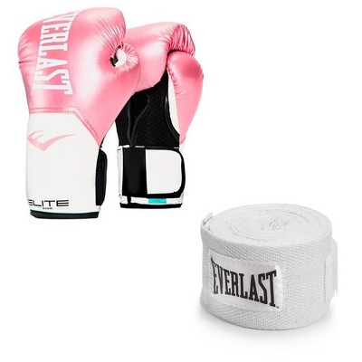 Everlast Pink Elite Boxing Gloves 8 Ounce & White 120-Inch Hand Wraps