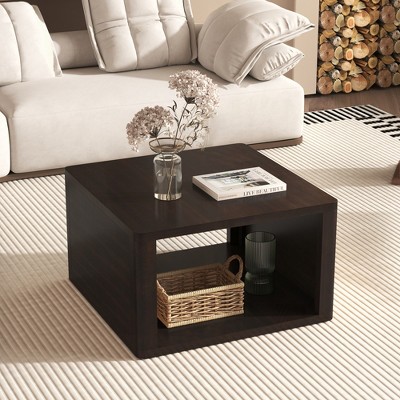 KIGFTSOD Square Coffee Table for Living Room, Farmhouse Coffee Table with Storage, 2-Tier Center Table with Half Open Storage Compartment