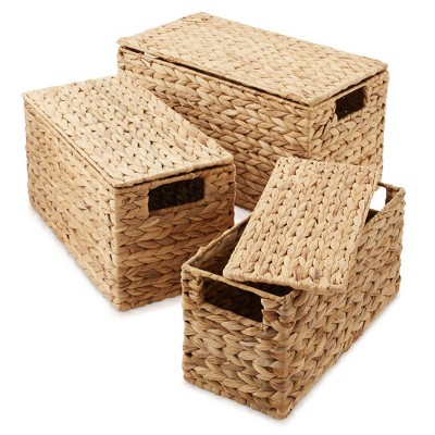 Set of 3 Natural Seagrass Rectangular Storage Baskets with Lids