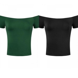 Allegra K Women's Short Sleeves Off The Shoulder Stretchy Fabric Solid Crop Top 2 Packs - 1 of 4