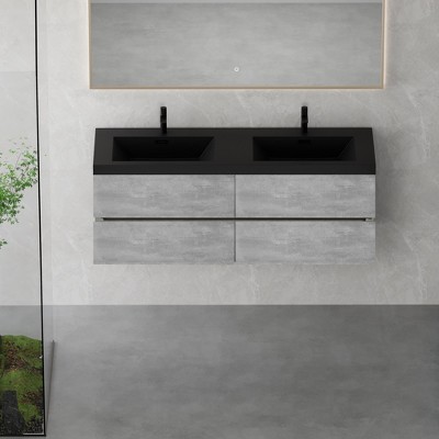 Whisen Minimalist Floating Wall-Mounted Bathroom Vanity with Integrated Quartz Sand Sink and  Storage Drawers - Grey