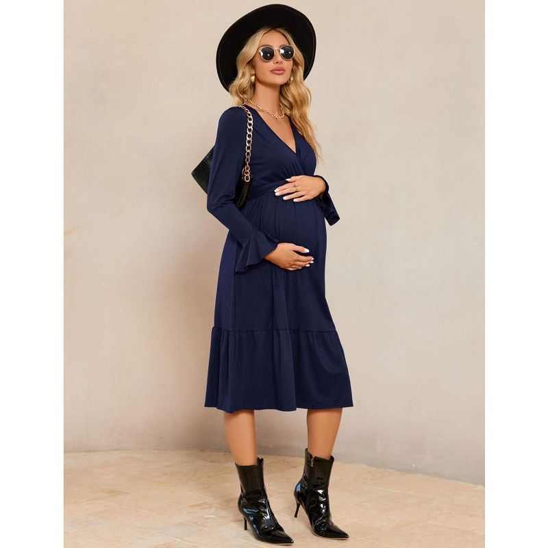 Women's Maternity V Neck Wrap Maxi Fall Dress Long Sleeve Boho Casual Nursing Swing Dress Baby Shower Photoshoot Belt, 3 of 8