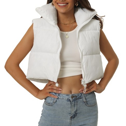 Seta T Women's High Stand Collar Lightweight Zip Puffer Crop Padded Vest  White X-Large