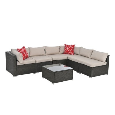 Maggift 7PCS Patio Seating Rattan Furniture Set Sectional Sofa Cushioned Garden, Tempered Glass Table, Beige, 29.1"*29.1"*25.5"