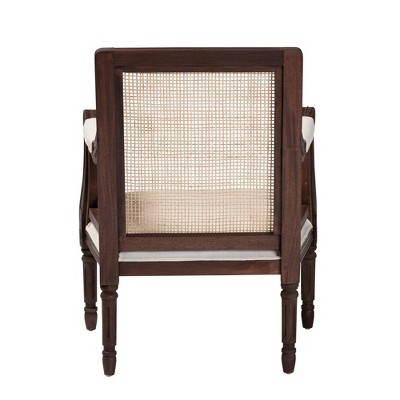 French Provincial Dark Brown Wood and Beige Fabric Accent Chair