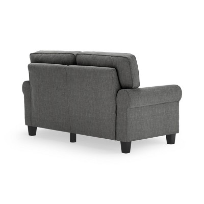 Gray Leather Rolled Arm Loveseat with Pillow Back