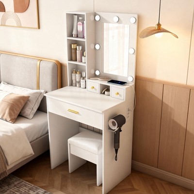 Vanity Table with Mirror & Adjustable LED Lights, Power Outlet, Hairdryer Holder & Stool – Compact Dressing Desk for Small Bedrooms(White)