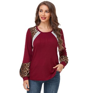 Clearlove Women's Leopard Print Tunic Tops Casual Color Block Blouse Long Sleeve T Shirt - 1 of 4