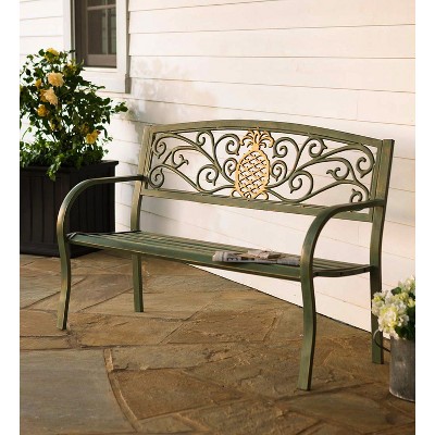Verdigris Green Metal Outdoor Bench with Pineapple Accent