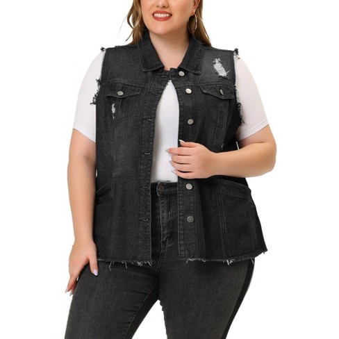 Grace Grandeur Women s Plus Size Denim Button Down Raw Hem Denim Vests Black Ripped 2x Target