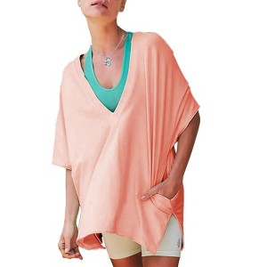 EXLURA Women's Casual Oversized V Neck T-Shirts Tops Reversible Athletic Workout Crew Neck Fashion Trendy Tee - 1 of 4