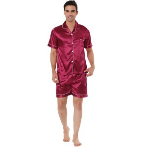 Lars Amadeus Men's Short Sleeve Top and Pants Summer Satin Pajama Sets - 1 of 4
