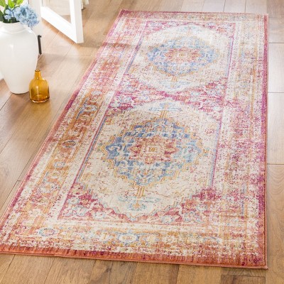 Ivory and Fuchsia Rectangular Cotton and Synthetic Rug