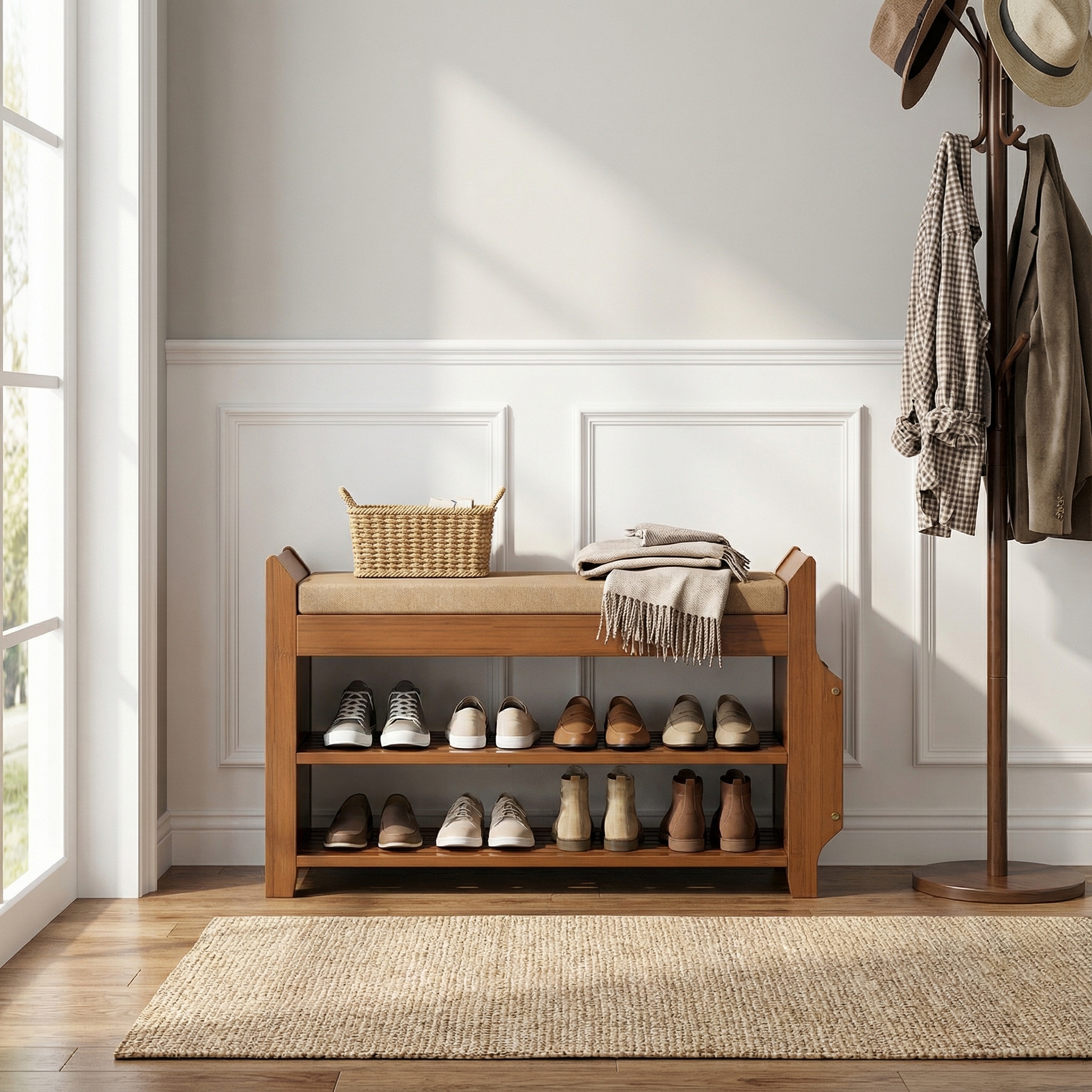 ELECWISH 31.5" Bamboo Shoe Bench with Storage - 2-Tier Shoe Rack, Hidden Drawer & Side Organizer, Brown