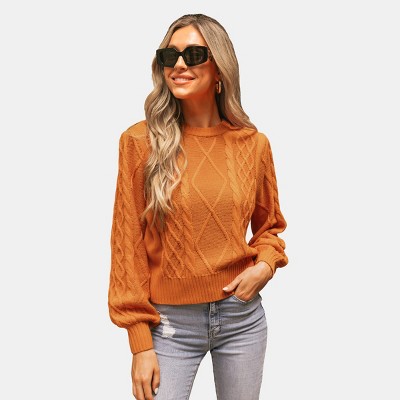 Women's Cable Knit Long Bishop Sleeve Sweater - Cupshe