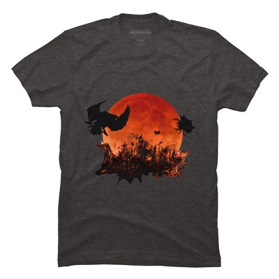 Men's Design By Humans Spooky Halloween Blood Moon Eclipse Ghostly Birds By KateLCardsNMore T-Shirt - Charcoal Heather - 3X Large