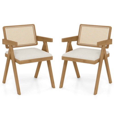 Set of 2 White Rattan and Cane Side Chairs with Rubber Wood Frame