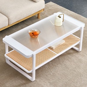 Rattan Coffee Table, Rectangle Coffee Table With 2 Open Shelves, Glass Tabletop Modern 2-Tier Imitation Rattan Edge Table,white - 1 of 4